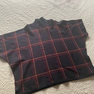 Max Studio Navy Plaid Sweater Poncho